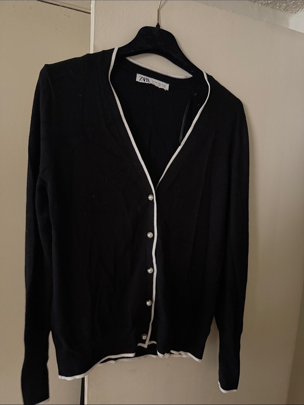 Zara Black Cardigan with White Piping and Pearl Buttons